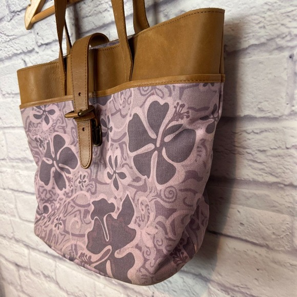 LL Bean Vintage 90s Purple Floral Hawaiian Canvas and Leather Tote Bag Y2K EUC - Picture 7 of 11